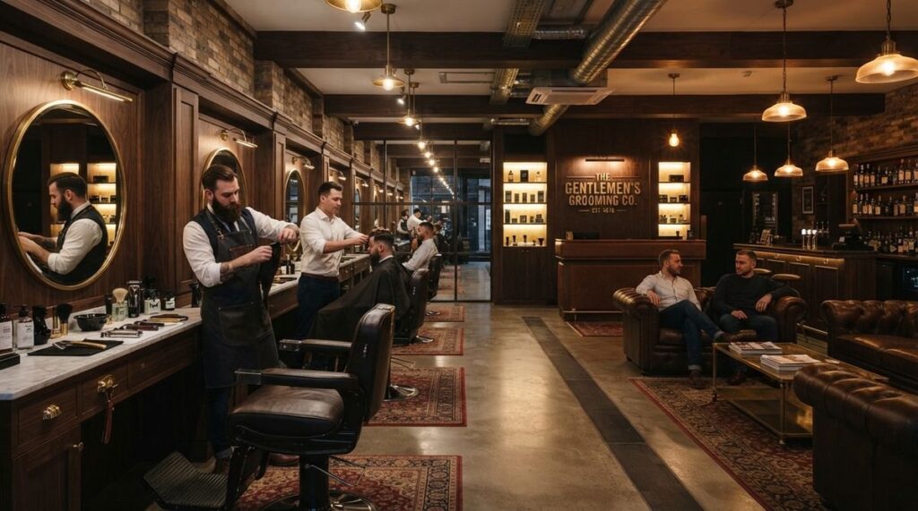 Barber strihá klienta v barbershope s koženými kreslami a zrkadlami